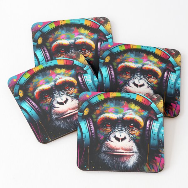 Item preview, Colorful DJ Monkey Thinker with Blue Headphones  designed and sold by GrinGalore.