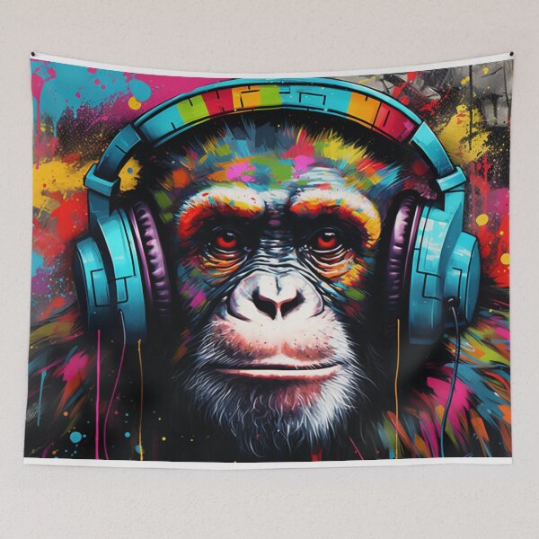 Item preview, Colorful DJ Monkey Thinker with Blue Headphones  designed and sold by GrinGalore.