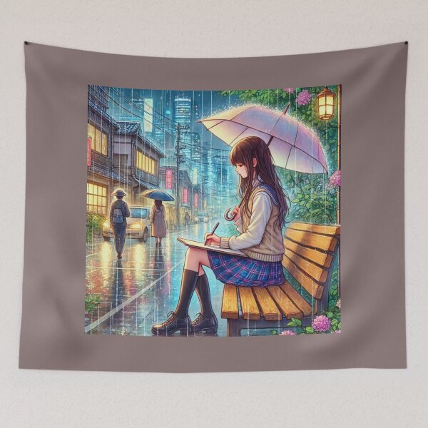 Item preview, "Rainy Day City Bench - Girl with Umbrella Artwork" designed and sold by choder61.