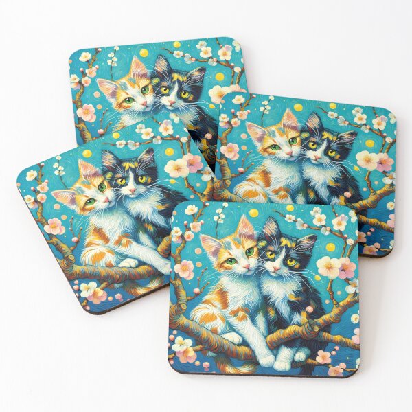 Item preview, Two cute tricolor kitties on blossoming almond branchis from vincent van goghs famous painting designed and sold by EmeraldeaArt.