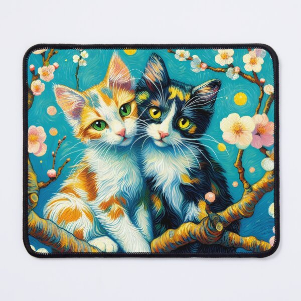 Item preview, Two cute tricolor kitties on blossoming almond branchis from vincent van goghs famous painting designed and sold by EmeraldeaArt.