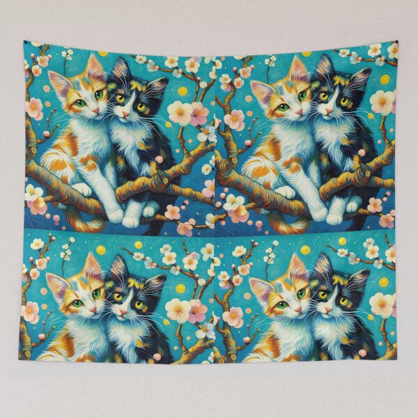 Item preview, Two cute tricolor kitties on blossoming almond branchis from vincent van goghs famous painting designed and sold by EmeraldeaArt.