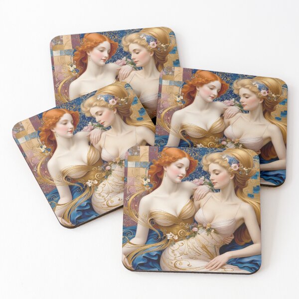 Item preview, Beautiful painting of two  Art Nouveau Renaissance Impressionistic women together after Gustav Klimt designed and sold by Vintage Designs +.