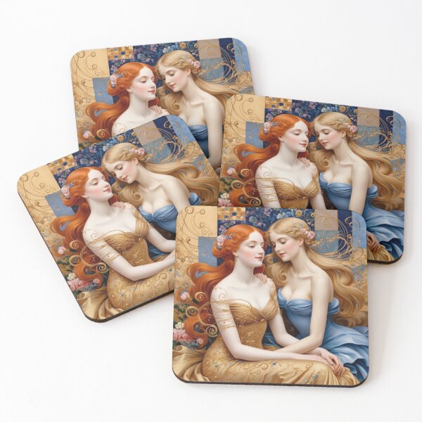 Item preview, Beautiful painting of two  Art Nouveau Renaissance Impressionistic women together after Gustav Klimt designed and sold by Vintage Designs +.
