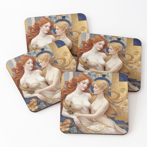 Item preview, Beautiful painting of two  Art Nouveau Renaissance Impressionistic women together after Gustav Klimt designed and sold by Vintage Designs +.