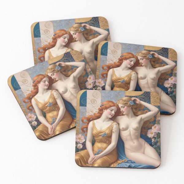 Item preview, Beautiful painting of two  Art Nouveau Renaissance Impressionistic women together after Gustav Klimt designed and sold by Vintage Designs +.