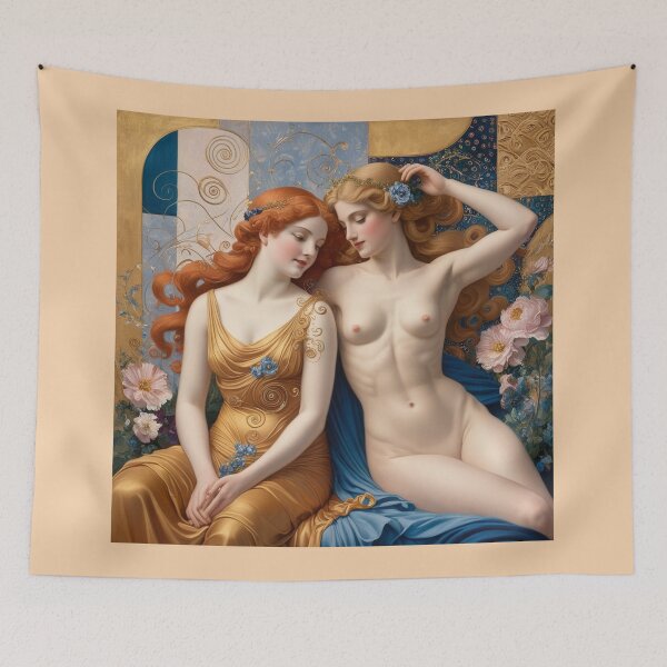 Item preview, Beautiful painting of two  Art Nouveau Renaissance Impressionistic women together after Gustav Klimt designed and sold by Vintage Designs +.