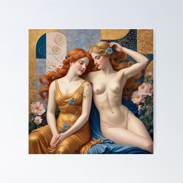 Artikelvorschau, Wunderschönes Gemälde von zwei impressionistischen Frauen aus der Jugendstil-Renaissance nach Gustav Klimt entworfen und verkauft von Vintage Designs +.