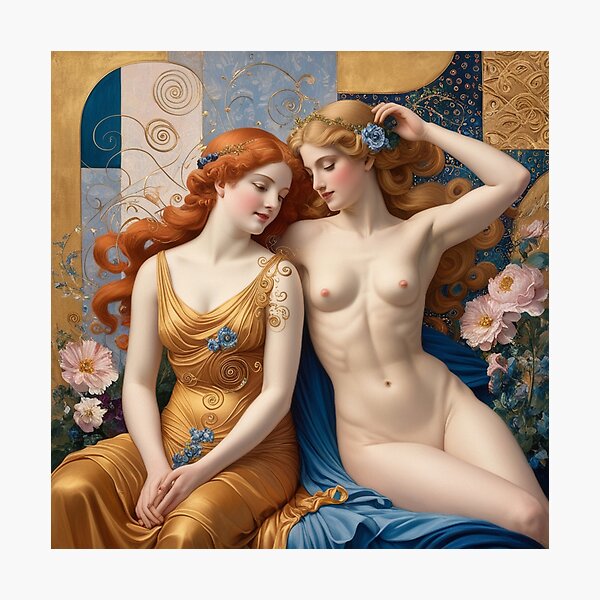 Item preview, Beautiful painting of two  Art Nouveau Renaissance Impressionistic women together after Gustav Klimt designed and sold by Vintage Designs +.