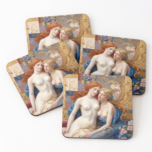 Item preview, Beautiful painting of two  Art Nouveau Renaissance Impressionistic women together after Gustav Klimt designed and sold by Vintage Designs +.