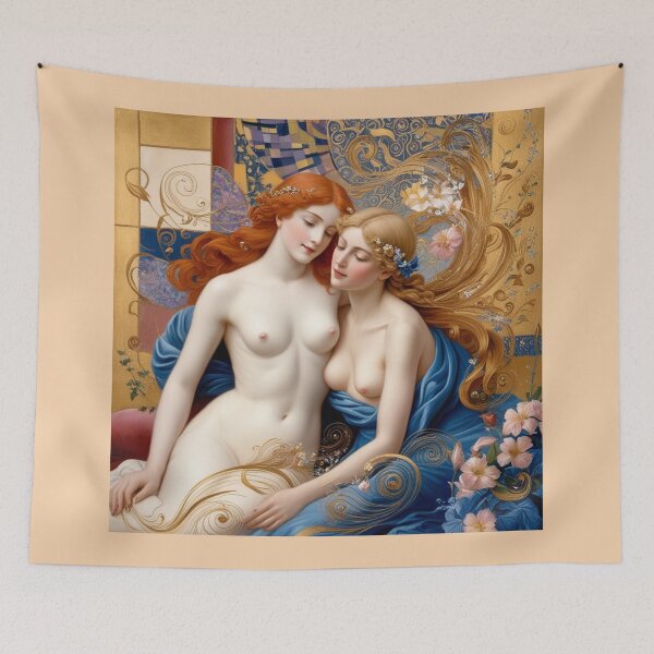 Item preview, Beautiful painting of two  Art Nouveau Renaissance Impressionistic women together after Gustav Klimt designed and sold by Vintage Designs +.