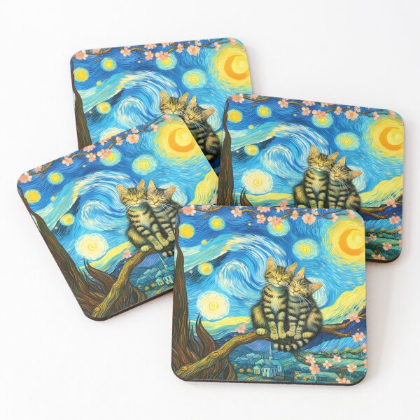 Item preview, Starry Night Tabby Cats with Van Gogh Almond Blossoms designed and sold by EmeraldeaArt.