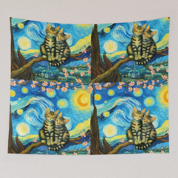 Item preview, Starry Night Tabby Cats with Van Gogh Almond Blossoms designed and sold by EmeraldeaArt.