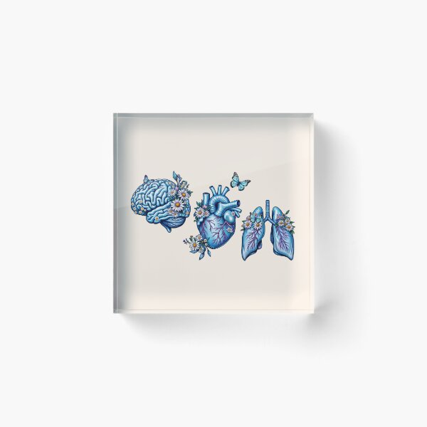 Item preview, Set of human organ blue with daisy, lungs, heart and brain ink watercolor style designed and sold by Collagedream.