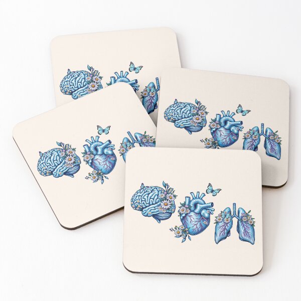 Item preview, Set of human organ blue with daisy, lungs, heart and brain ink watercolor style designed and sold by Collagedream.