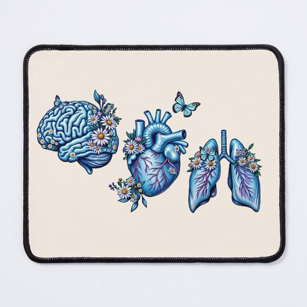 Item preview, Set of human organ blue with daisy, lungs, heart and brain ink watercolor style designed and sold by Collagedream.