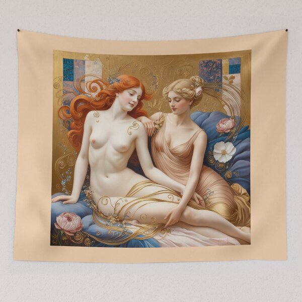 Item preview,  Beautiful painting of two  Art Nouveau Renaissance Impressionistic women together after Gustav Klimt designed and sold by Vintage Designs +.