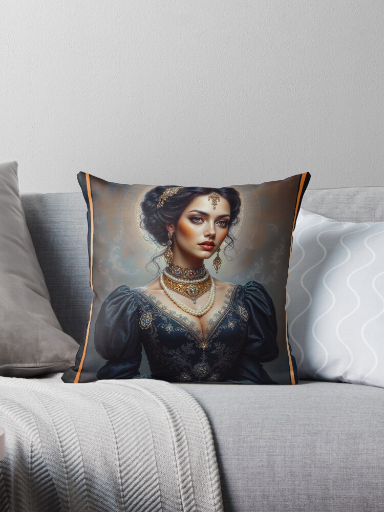 Portrait Of A Regal Beauty In Opulent Attire Captivating AI Concept Art by Xzendor7 Decorative Art Print Throw Pillow