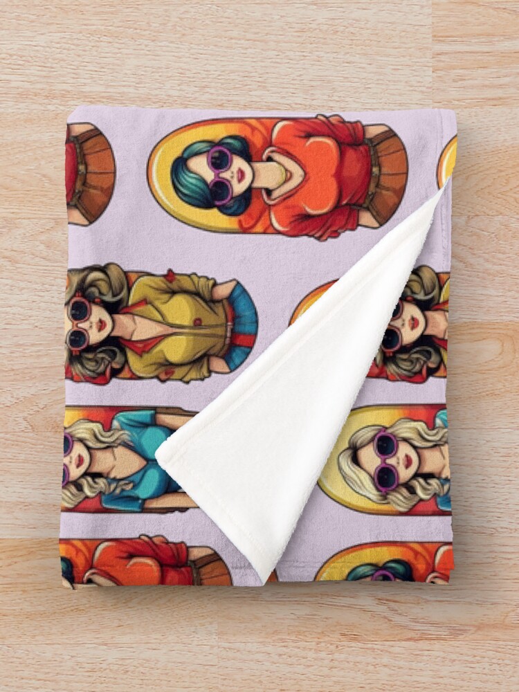 Thumbnail 3 of 6, Throw Blanket, Retro Girls | Sticker Pattern | Retro Collection designed and sold by monkeybusiness-.
