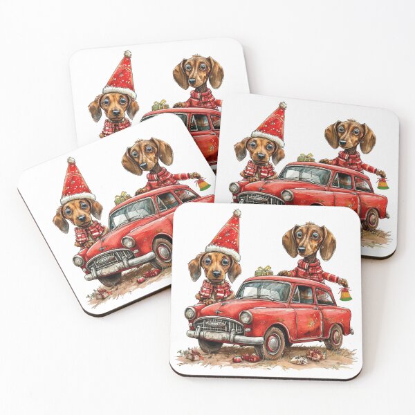Item preview, Retro red car, dachshaund, Merry Christmas, Dog, designed and sold by iPrintPaws.