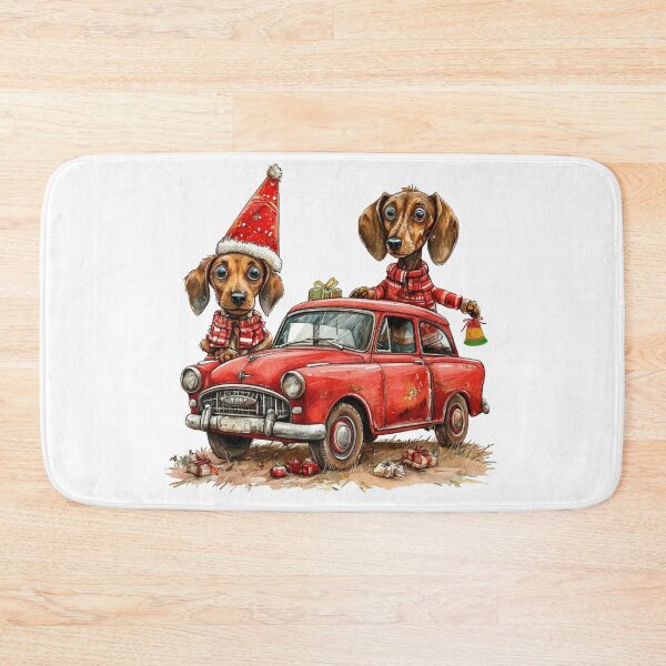 Item preview, Retro red car, dachshaund, Merry Christmas, Dog, designed and sold by iPrintPaws.
