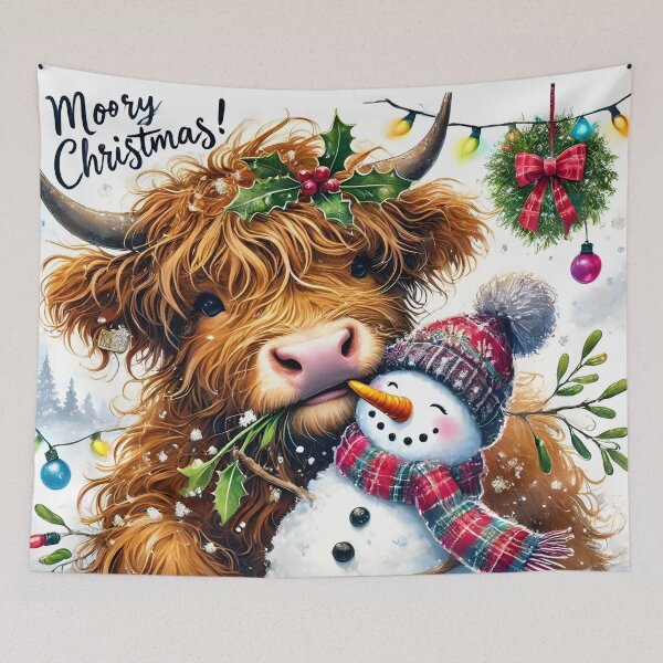 Item preview, Holiday Highland Cow Christmas Cheer “Moo’ry Christmas!” Snowman Ilustration designed and sold by BreezyDawnDesigns.