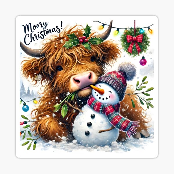Item preview, Holiday Highland Cow Christmas Cheer “Moo’ry Christmas!” Snowman Ilustration designed and sold by BreezyDawnDesigns.