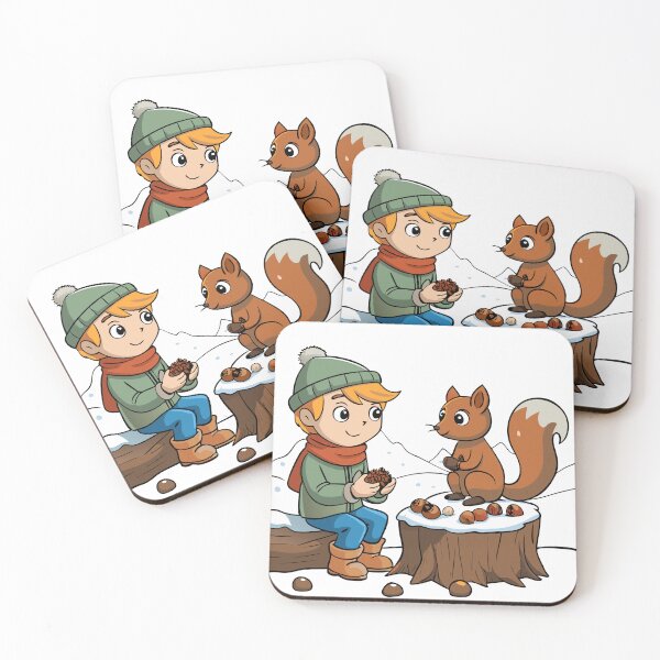 Item preview, Child and Squirrel Sharing a Snowy Tree Stump designed and sold by omerfdln34.