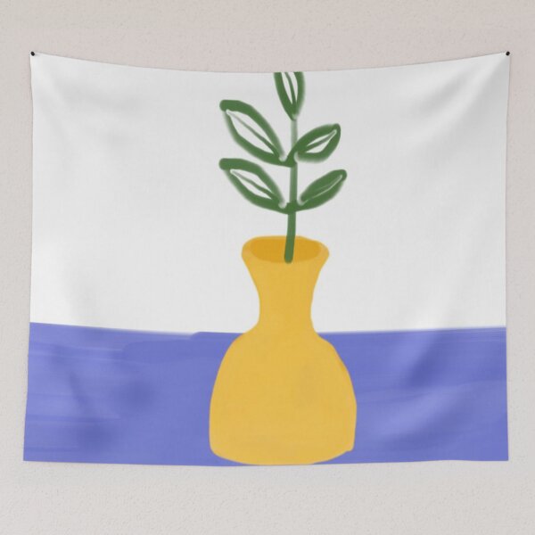 Item preview, Illustration of a Green Plant in a Yellow Vase on Blue Surface designed and sold by Beautiful art store.