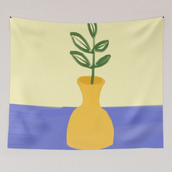 Item preview, Illustration of a Green Plant in a Yellow Vase on Blue Surface designed and sold by Beautiful art store.