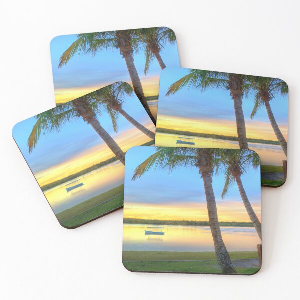 Item preview, Noosa River Sunset Panoramic Palm Trio Relax in Peace designed and sold by Adam Gormley.