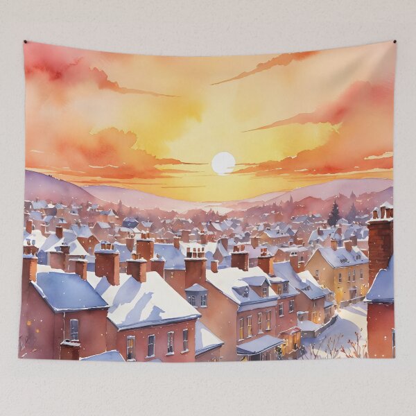 Item preview, Snowy Christmas Morning Sunrise, Peaceful Winter Scene, Winter Sunset Watercolor Painting, Cozy Village at Dawn Art Print  designed and sold by Kintsugi99.