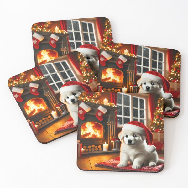 Item preview, Adorable Dog in Christmas Hat by Fireplace designed and sold by GrizzlyCollective.