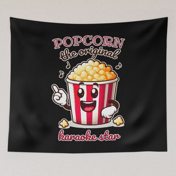 Artikelvorschau, Popcorn Der Original-Karaoke-Star mit roten Streifen und Musiknoten, singt mit einem Lächeln entworfen und verkauft von SplashTastic.