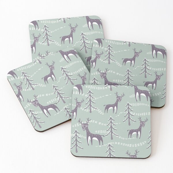 Item preview, Reindeer in the snow among the Christmas trees - winter landscape in Scandinavian style. Colors - grey and white, steel blue designed and sold by My-fake-places.