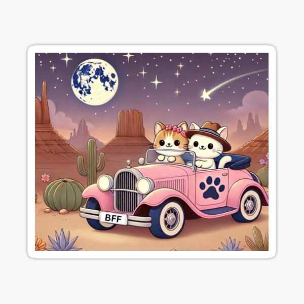 Desert Adventure Cats in Vintage Pink Car Starry Night Scene Design Sticker