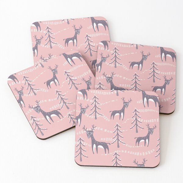 Item preview, Reindeer in the snow among the Christmas trees - winter landscape in Scandinavian style. Colors - grey and white, pink. designed and sold by My-fake-places.