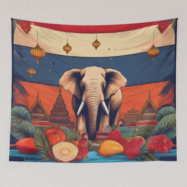 Item preview, Thai Flag with Majestic Thai Elephant and Lanterns Artwork designed and sold by RaiyaTees.