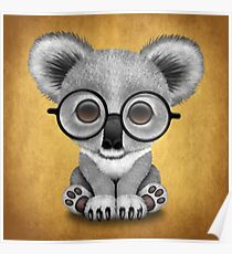 Cute Baby Koala Bear Cub Wearing Glasses on Yellow Poster