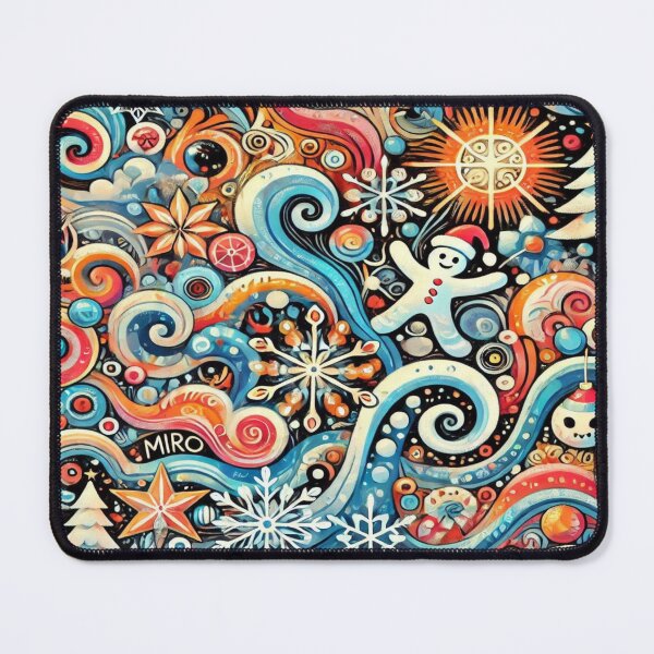 Item preview, frosted winter patterns, Van Gogh dreamy design, Miró abstract holiday art, swirling snowflakes, glowing festive doodles, whimsical Christmas shapes, artistic winter vibes, quirky holiday decor. designed and sold by Imaginarium of Chaos falcon88 .