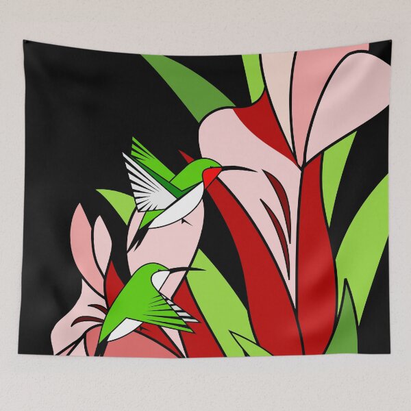 Item preview, Stylized Flowers and Hummingbird On Black Background designed and sold by studioart.