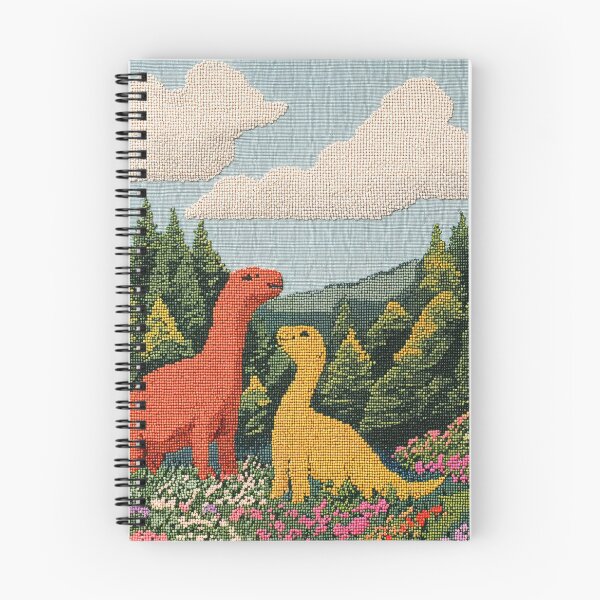 Item preview, Dinosaurs in Love in a Colorful Meadow Surrounded by Flowers and Mountains - Crossstitch designed and sold by regnumsaturni.