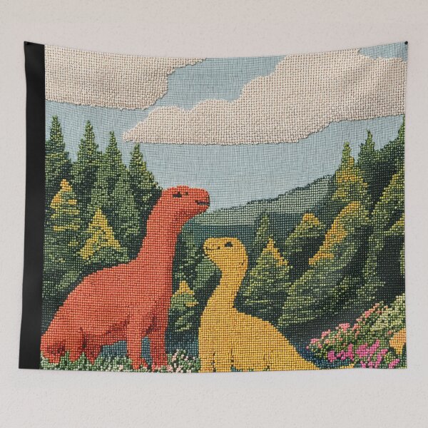 Item preview, Dinosaurs in Love in a Colorful Meadow Surrounded by Flowers and Mountains - Crossstitch designed and sold by regnumsaturni.