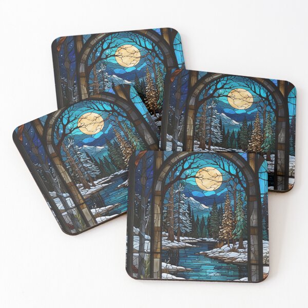 Item preview, Frozen River Night Scene in Stained Glass designed and sold by The Enchanted Treasury.