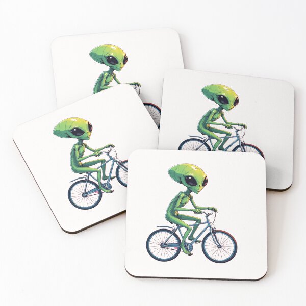 Item preview, Green Alien Rides Bike Space UFO Cartoon Fun Art designed and sold by Kia Blaze.
