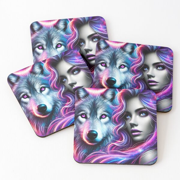 Item preview, Girl and a wolf portrait montage in purple sparkling hues as totem spirit animal designed and sold by EmeraldeaArt.