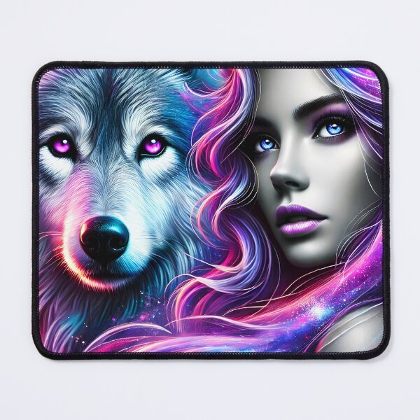 Item preview, Girl and a wolf portrait montage in purple sparkling hues as totem spirit animal designed and sold by EmeraldeaArt.