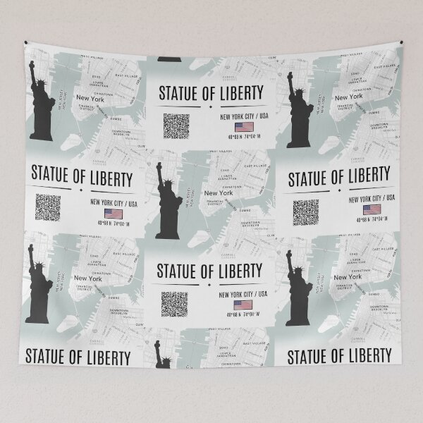 Item preview, Statue of Liberty Map Art: NYC Landmarks and USA Coordinates with QR code art designed and sold by Psycho-Crazy.