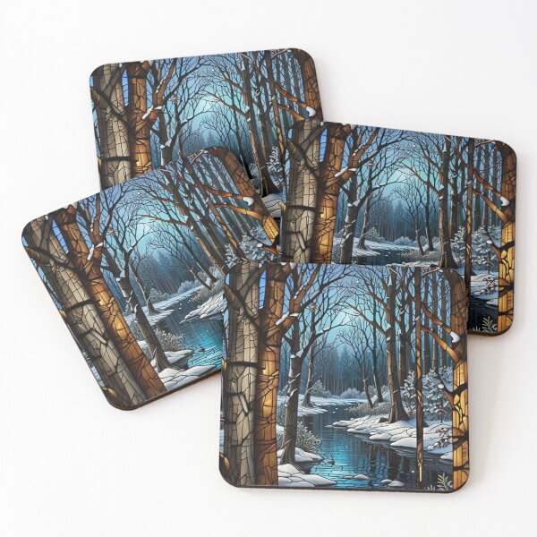 Item preview, Dream of a Snowy Forest Near Daybreak in Stained Glass designed and sold by The Enchanted Treasury.