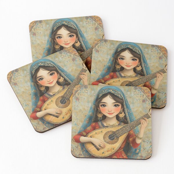 Item preview, Elegant woman playing mandolin in vibrant attire. designed and sold by Artessie.